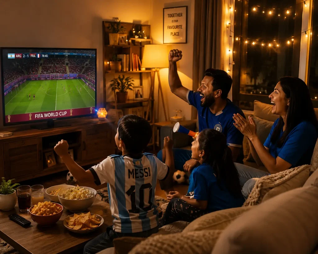 Modern kitchen prepared for game day entertaining with snacks, drinks, and guests gathering around the island