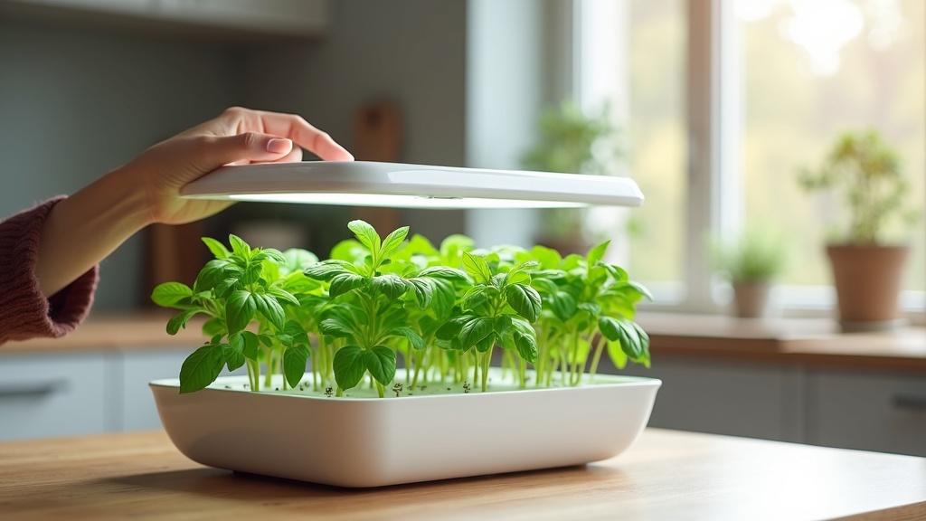 Compact hydroponic garden on small apartment kitchen counter as AeroGarden alternative
