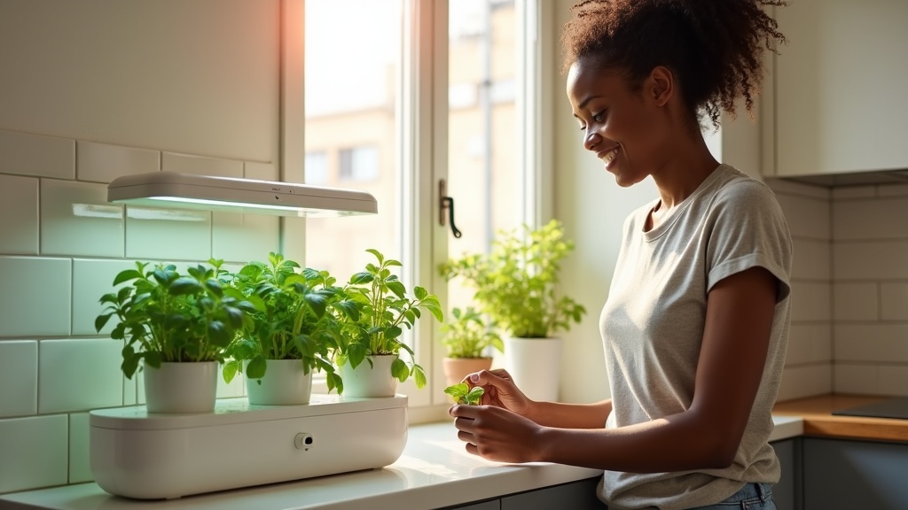 Click and Grow Smart Garden 3 on small apartment kitchen windowsill with basil