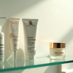 Glass shelf with affordable skincare products like The Ordinary and CeraVe next to a luxury La Mer jar, natural lighting