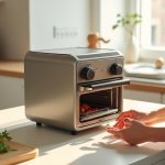 Stainless steel compact air fryer toaster oven combo sitting on a small kitchen counter with fresh herbs and a wooden cutting board