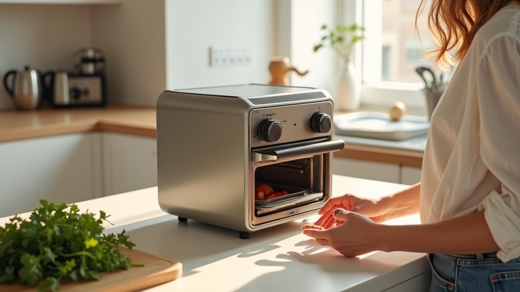 Stainless steel compact air fryer toaster oven combo sitting on a small kitchen counter with fresh herbs and a wooden cutting board