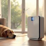 Modern air purifier in living room with dog, best for dust and pet dander allergies