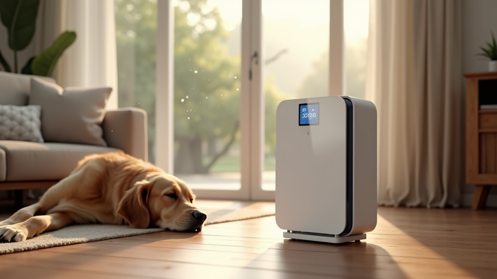 Modern air purifier in living room with dog, best for dust and pet dander allergies