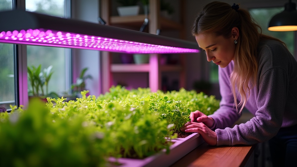 Easiest vegetables to grow indoors with a grow light: lettuce, spinach, and herbs thriving under a full-spectrum LED panel.