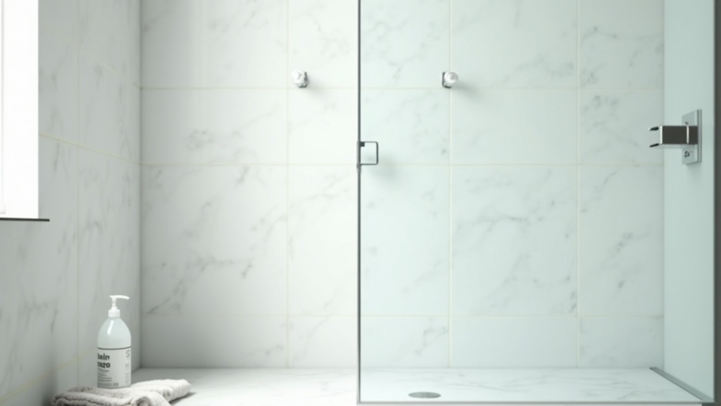 Sparkling clean glass shower door after hard water stain removal using vinegar and squeegee