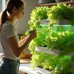 A woman harvesting lettuce from a vertical hydroponic tower in a bright kitchen corner