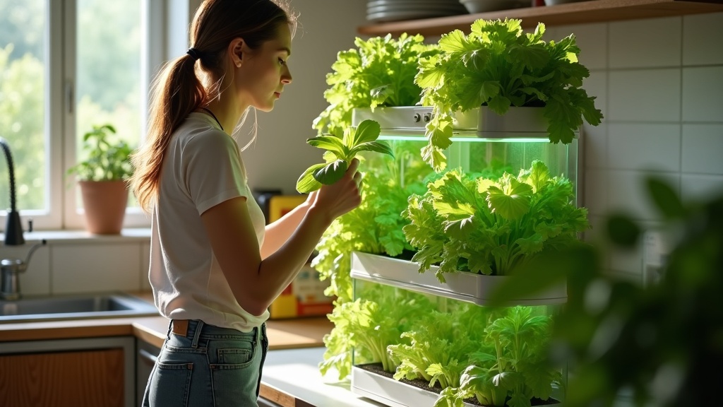 A woman harvesting lettuce from a vertical hydroponic tower in a bright kitchen corner