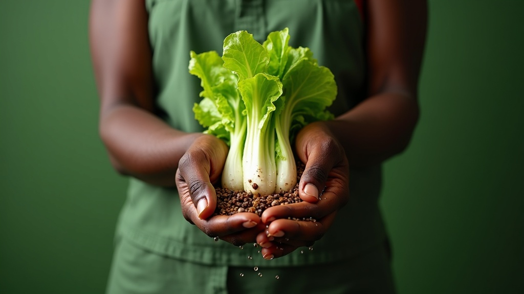 Hands of a Kenyan woman holding fresh hydroponic lettuce roots