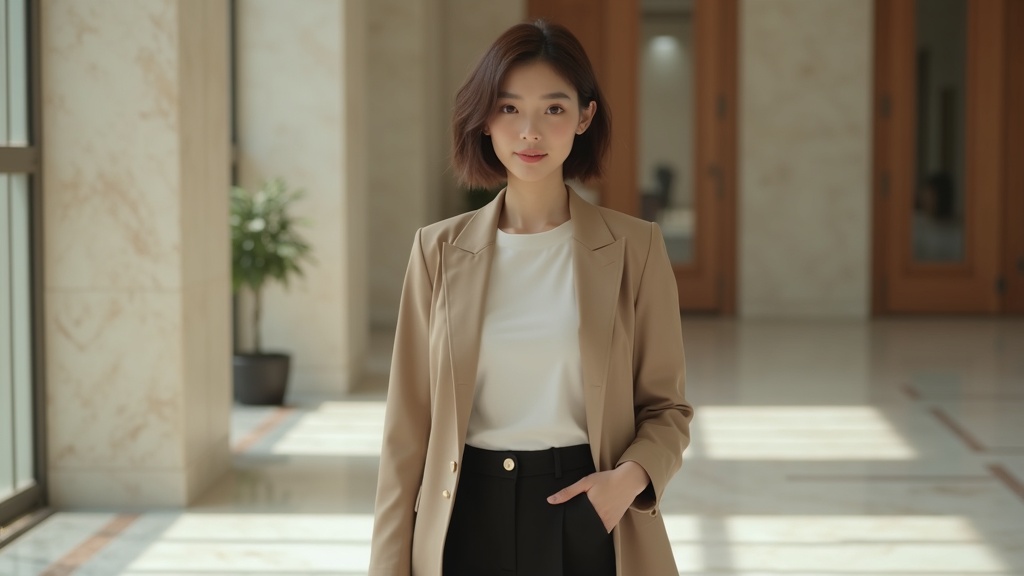 Woman wearing a thrifted blazer styled to look expensive, standing in a modern lobby