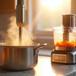 Immersion blender in a pot of soup next to a food processor on a kitchen counter