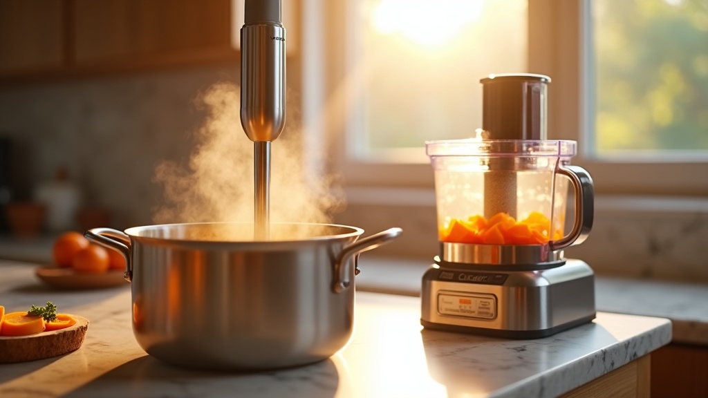 Immersion blender in a pot of soup next to a food processor on a kitchen counter