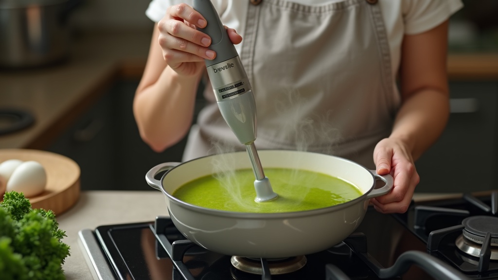 Woman using an immersion blender to puree soup in a pot