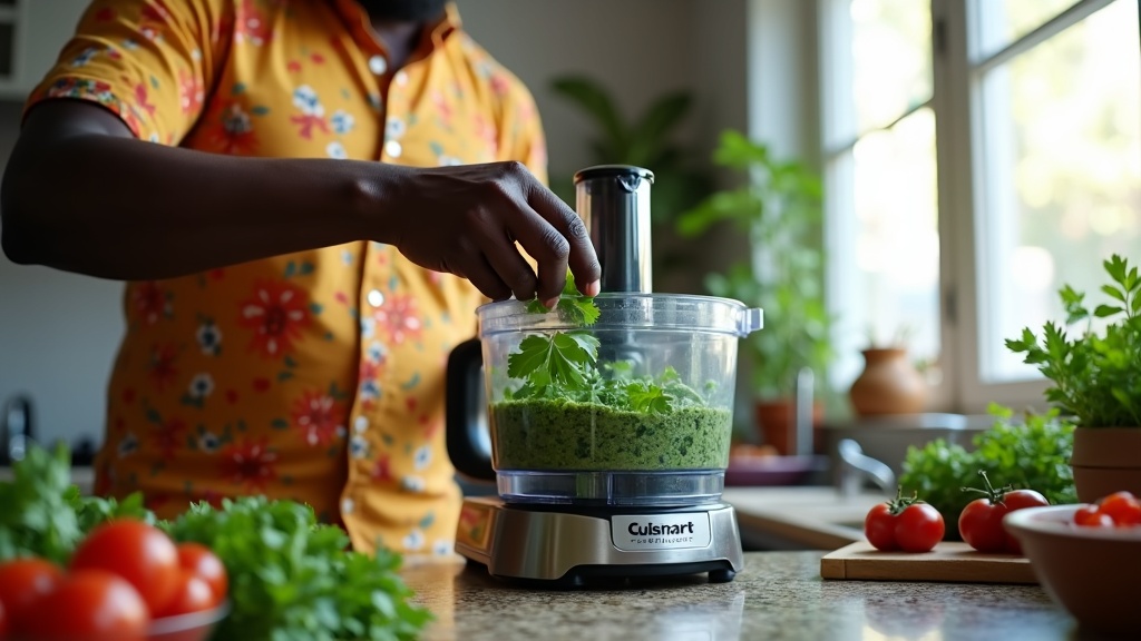 Man adding cilantro to a food processor on a kitchen counter