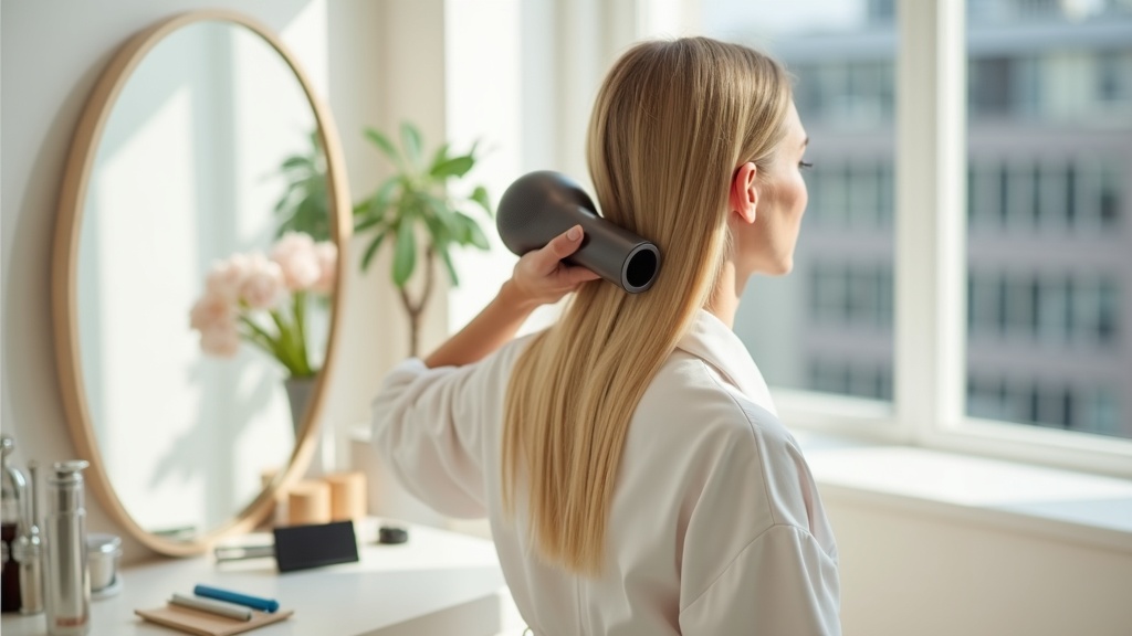 Caucasian woman with fine straight blonde hair styling with Dyson Airwrap in bright NYC apartment