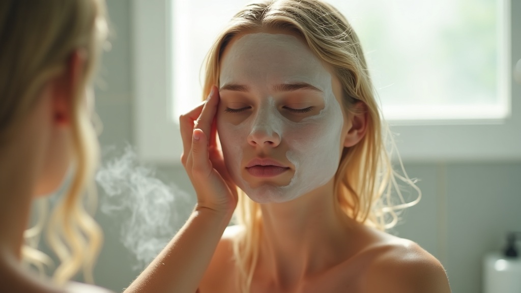 Woman with bleached blonde hair applying K18 peptide mask after shower