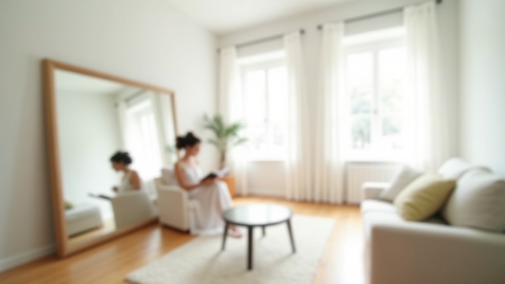 Bright small living room with large mirror reflecting window, white walls, light wood floor, and a woman reading on sofa