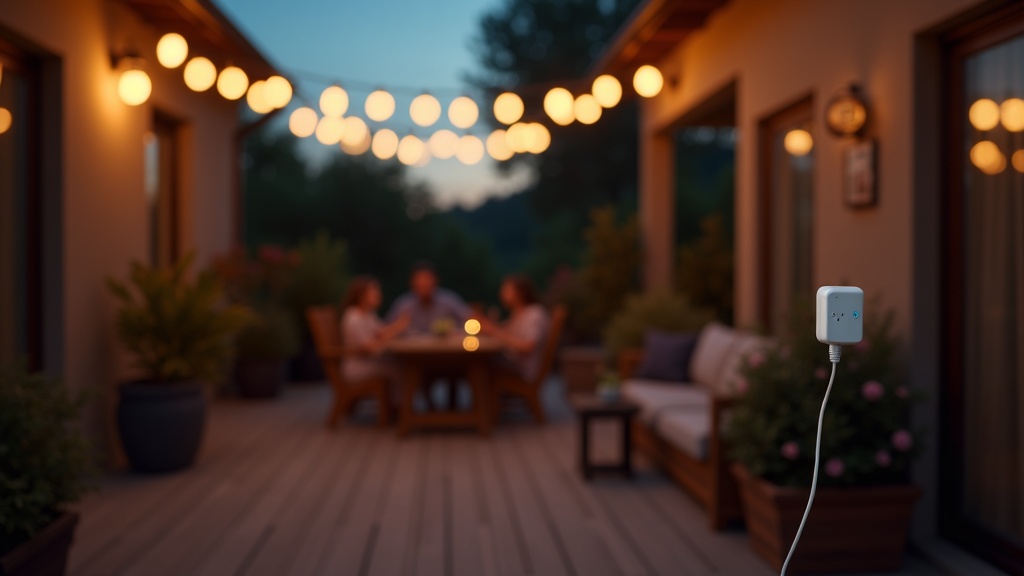 Smart outdoor plug controlling patio string lights at dusk