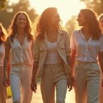Group of women in stylish non-jeans, non-leggings casual pants like linen trousers and cargo pants in outdoor setting