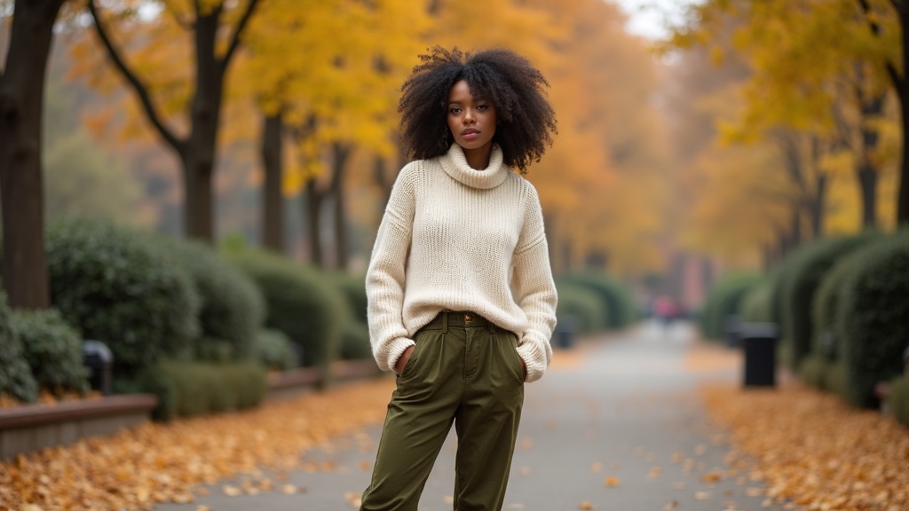 Young woman in green corduroy trousers and cream sweater in autumn park