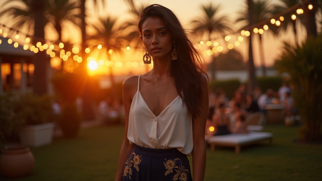 South Asian woman in embroidered navy palazzo pants and white top at outdoor evening event