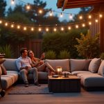 Couple relaxing on a modern patio with outdoor furniture and lighting at dusk