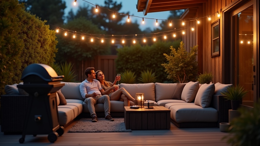 Couple relaxing on a modern patio with outdoor furniture and lighting at dusk