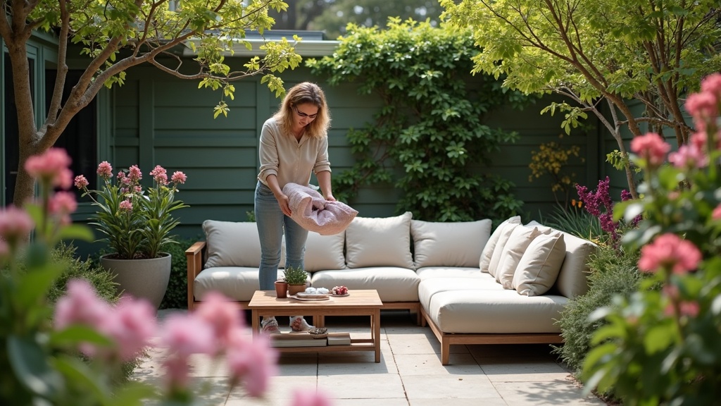 Woman arranging bright cushions on a patio sofa in a spring garden