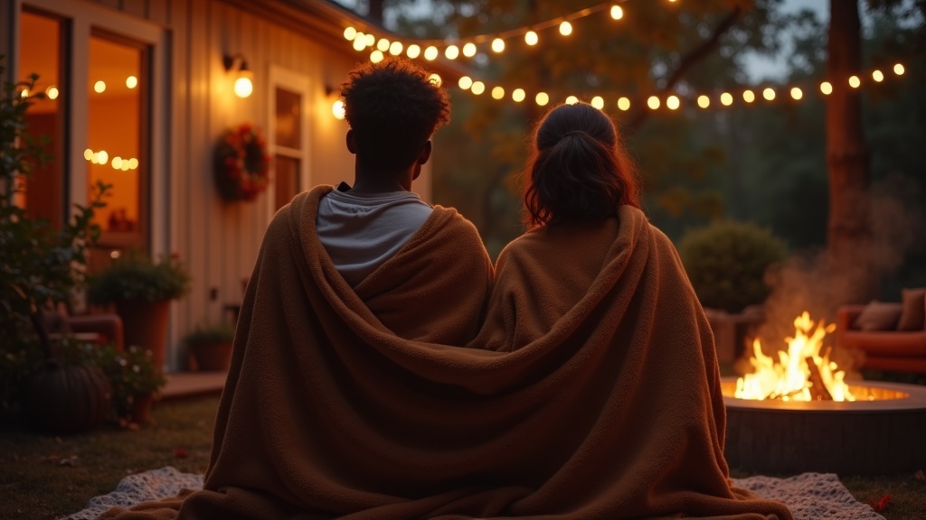 Couple enjoying a fire pit on a fall patio with warm lighting