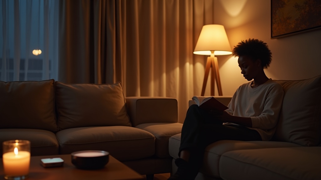 Black woman reading on a sofa in a stylish living room with smart home tech and candle warmer lamp