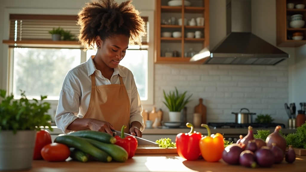 Black woman in kitchen prepping colorful vegetables with chef's knife, natural lighting