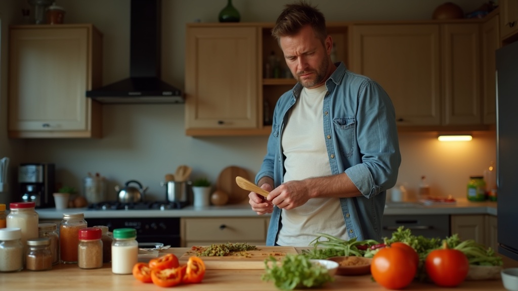 Frustrated man in chaotic kitchen with scattered ingredients