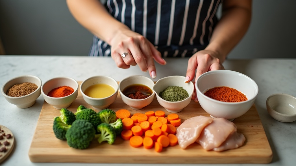 White woman arranging pre-measured ingredients in bowls for efficient cooking
