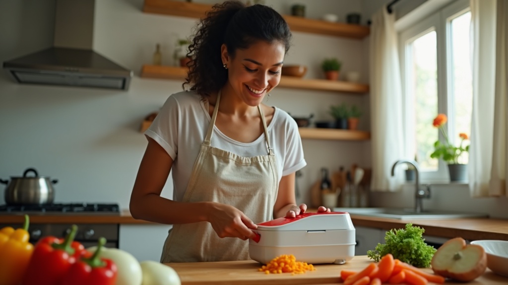 Hispanic mother using Chef'n VeggiChop to cut vegetables quickly