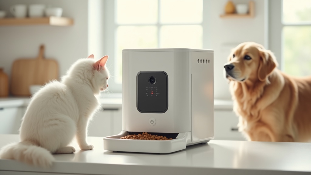 Automatic pet feeder with camera on kitchen counter with cat and dog watching