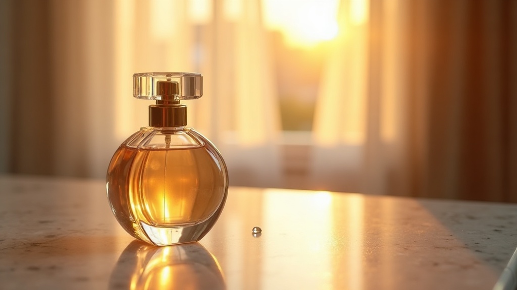Luxury perfume bottle on marble countertop with natural light