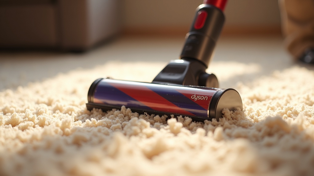 Close-up of Dyson Ball Animal 3 upright vacuum cleaning a thick carpet