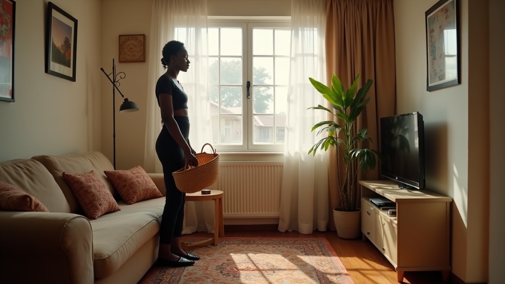 Young woman in Nairobi apartment with budget decor items like a woven basket and snake plant