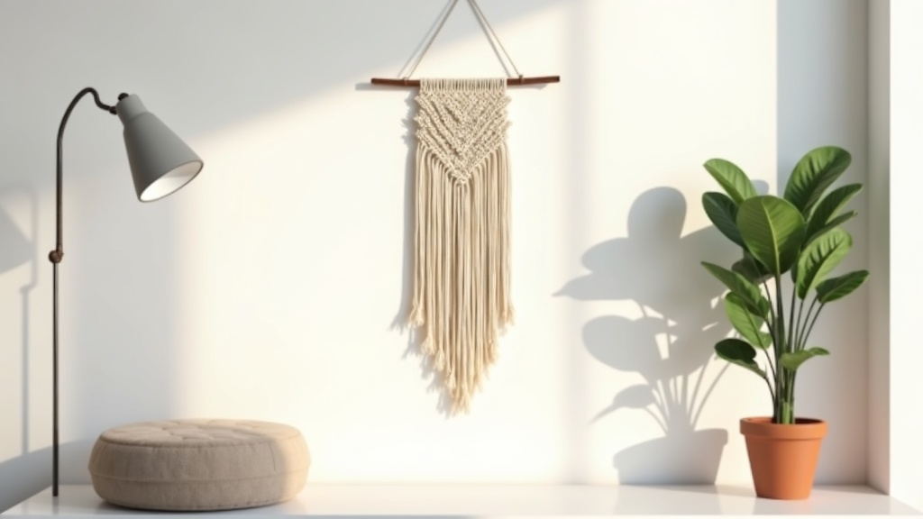 Flat lay of budget apartment decor products including macrame, storage ottoman, and track lighting