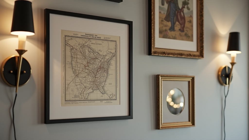 Gallery wall in a New York apartment with thrifted frames and art prints