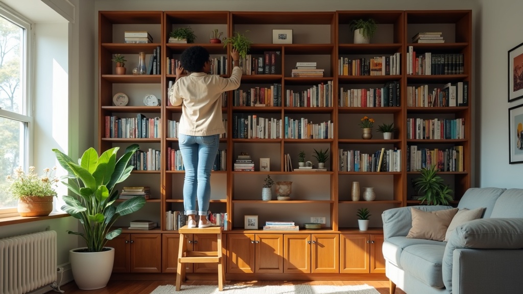 Floor-to-ceiling bookshelf in small apartment with woman adjusting frame, demonstrating vertical storage apartment room ideas