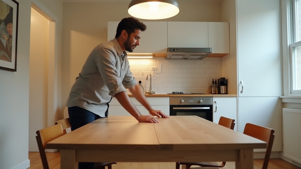 Expandable dining table in small apartment with man operating butterfly leaf, highlighting multipurpose furniture as apartment room idea