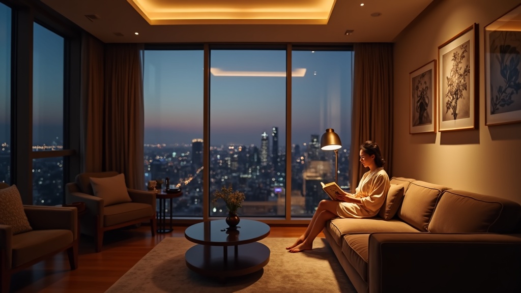 Living room with layered ambient, task, and accent lighting in Tokyo apartment, demonstrating lighting as an apartment room idea