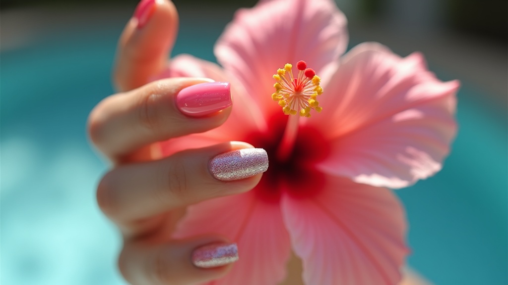 Close-up of jelly chrome nail art with silver foil and floral accent