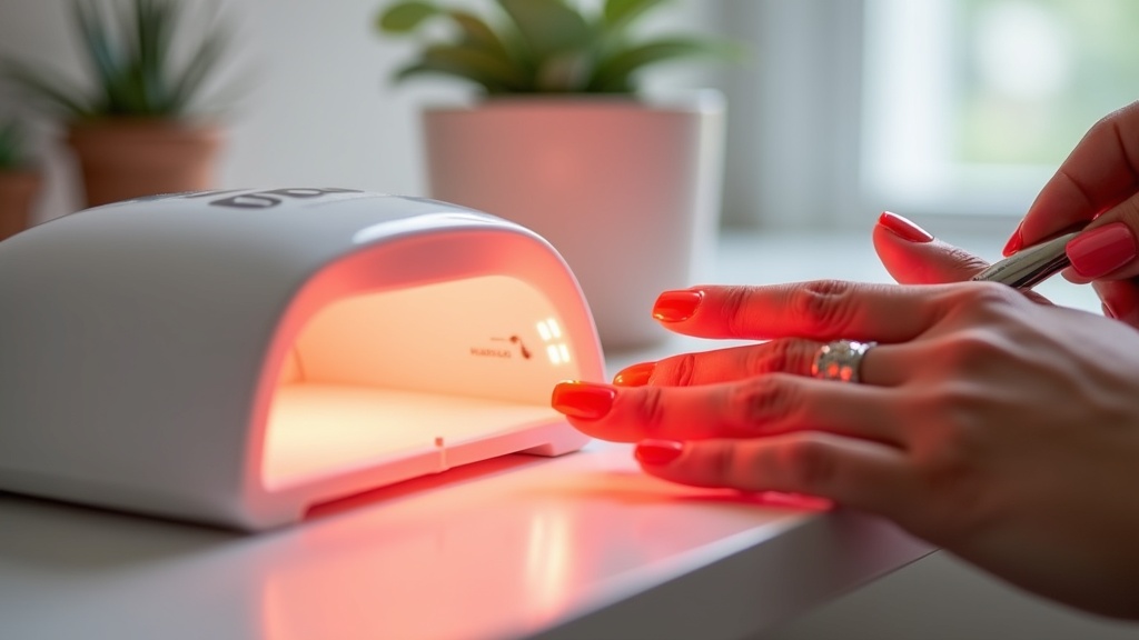 Home gel nail kit with LED lamp and freshly polished hand