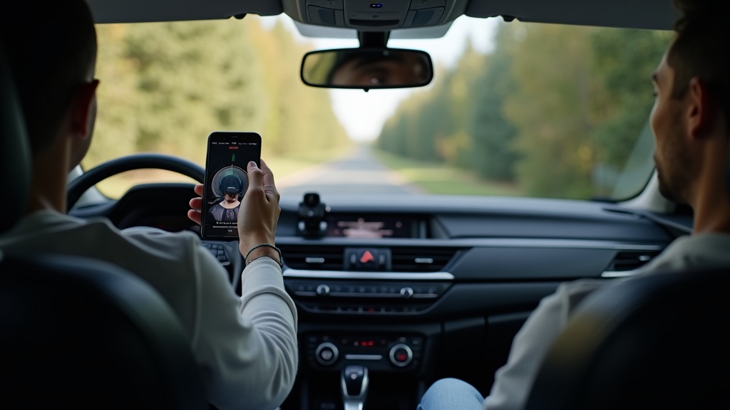 Car interior featuring phone mount, dash cam, and seat organizer for affiliate marketing