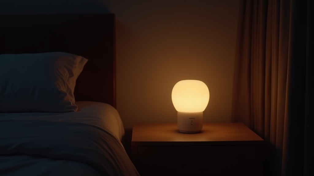 Bedroom nightstand with Philips Hue White Ambiance lamp emitting warm 3000K light