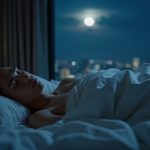 Hot sleeper on cooling sheets in bedroom night scene