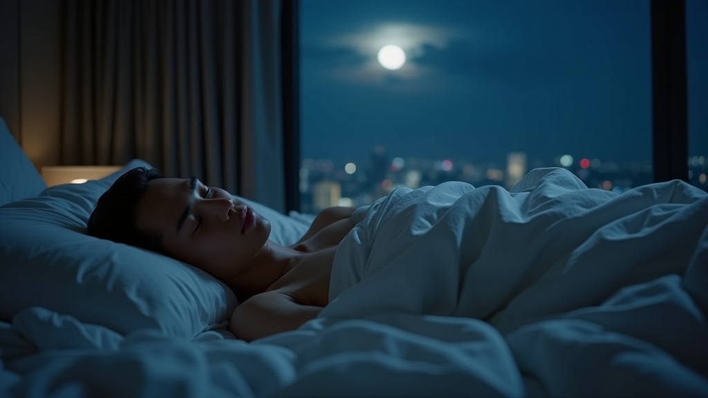 Hot sleeper on cooling sheets in bedroom night scene