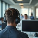 Professional wearing Sony WH-1000XM5 noise cancelling headphones during a video call in a modern office